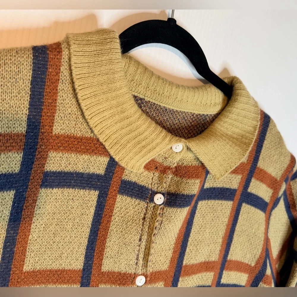 Vintage Grandpa Style Cardigan Sweater Beige Blue Rust Grid Button Front-XL